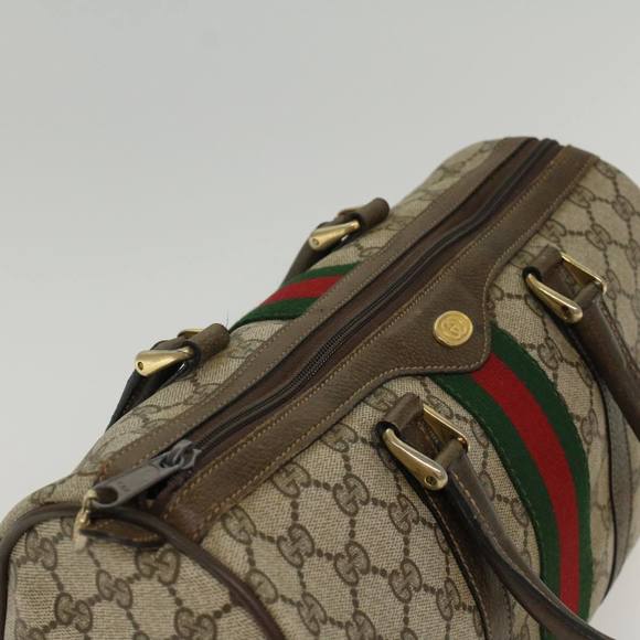 GUCCI GG Canvas Web Sherry Line Boston Bag PVC Leather Beige Green Auth ki3376 - Picture 6 of 16